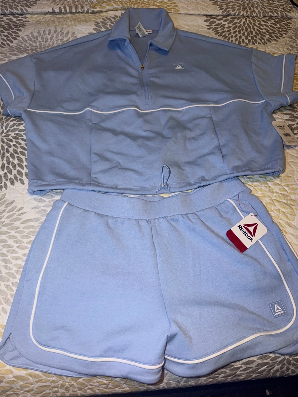 Reebok Light Blue Polo Zip Short Set with White Piping